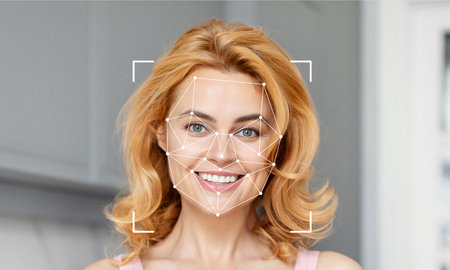 Facial recognition technology identifying a womans face with copy spaceの写真素材