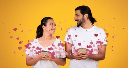 Couple celebrating love on St. Valentines Day with smartphone messages