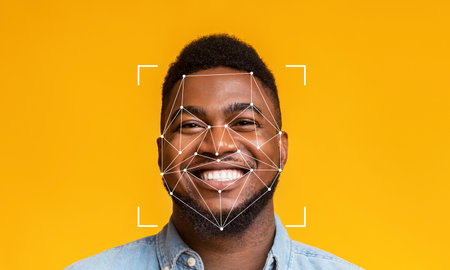 Facial recognition tech shown with a smiling person on yellowの写真素材