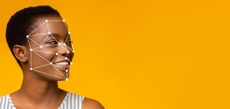 Facial recognition technology on happy woman with bright background