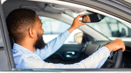 Young Black Man Sitting Inside Of Car And Adjusting Rear View Mirror