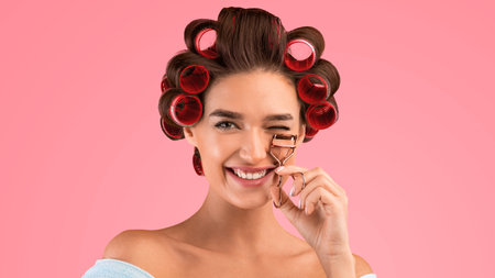 Housewife Holding Eyelashes Curler Winking At Camera Over Yellow Backgroundの写真素材