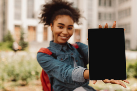 African American Student Girl Showing Digital Tablet Blank Screen Outdoorsの写真素材
