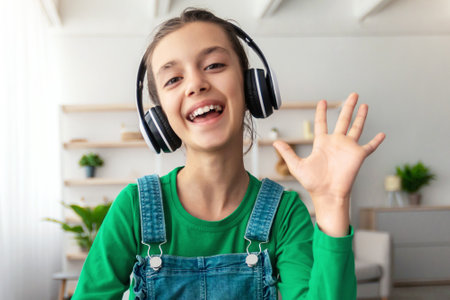 Girl sitting at table, using laptop, waving to webcamの写真素材