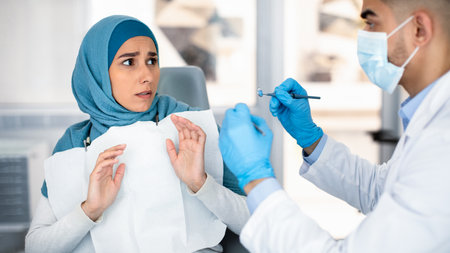 Dental Care In Islam. Portrait Of Scared Muslim Lady At Stomatologic Clinicの写真素材