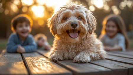A Cheerful Dog Sprawls Comfortably on a Wooden Table While Children Joyfully Play in a Park Bathed in the Warm Glow of Sunset, Showcasing the Beauty of a Serene Moment Captured With Generative AIの素材