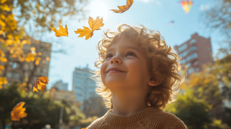 Child Enjoying Autumn Weather With Fallen Leaves Swirling Around in a City Park During Afternoon Sunlight. Generative AIの素材
