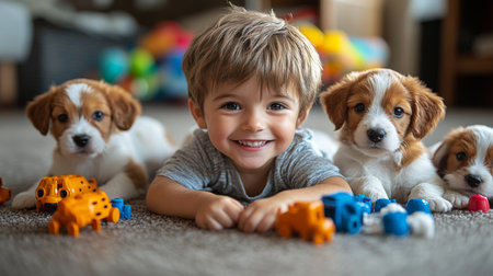 Child Happily Playing With Puppies and Colorful Toys on a Soft Carpet in a Cozy Indoor Setting During the Afternoon. Generative AIの素材