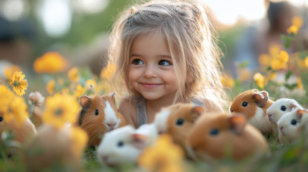 Little Girl Joyfully Surrounded by Guinea Pigs in a Sunny Garden Filled With Vibrant Flowers During Springtime. Generative AIの素材