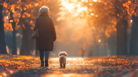 Walker Enjoys a Tranquil Evening Stroll With a Fluffy Dog Amidst Vibrant Autumn Foliage in a Serene Park Landscape. Generative AIの素材
