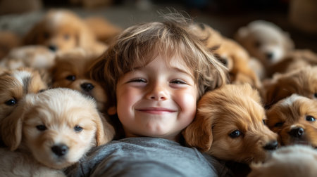 Happy Child Surrounded by Playful Puppies Enjoying a Joyful Moment at Home in the Afternoon Light. Generative AIの素材