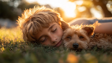 Child Rests Peacefully With Dog in a Sunlit Park During Late Afternoon, Surrounded by Soft Grass and Warm Sunlight. Generative AIの素材