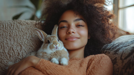 Young Woman Enjoys Quality Time With Her Pet Rabbit While Relaxing at Home During a Cozy Afternoon. Generative AIの素材
