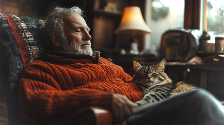 An Elderly Man Peacefully Relaxes in a Cozy Armchair, Enjoying the Comforting Presence of a Cat During a Tranquil Afternoon at Home. Generative AIの素材