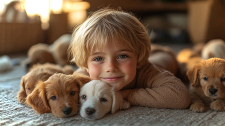 Child Playing Joyfully With Puppies in a Cozy Indoor Setting During Warm Afternoon Light. Generative AIの素材