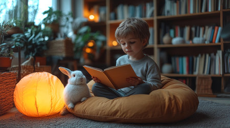 Young Child Reads a Book With a Rabbit Beside Him in a Cozy Indoor Setting Surrounded by Books and Warm Lighting. Generative AIの素材