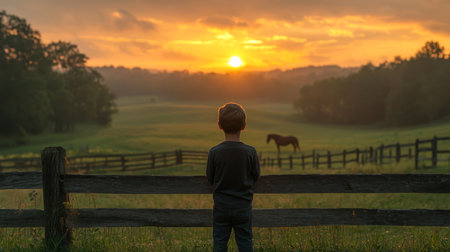 Child Watches Sunset Over Pasture With Horse in Silhouette During Peaceful Evening in Rural Setting. Generative AIの素材