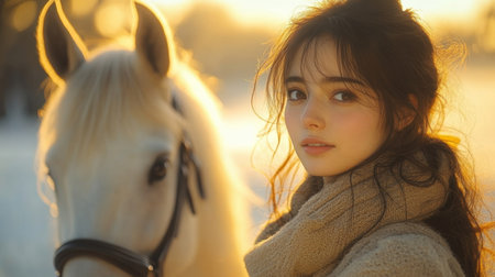 Young Woman Enjoying a Serene Moment With a White Horse During Golden Hour in a Tranquil Landscape. Generative AIの素材