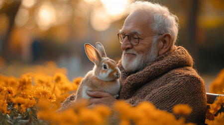 Elderly Man Holds a Rabbit Among Blooming Flowers During Sunset in a Peaceful Garden Setting. Generative AIの素材
