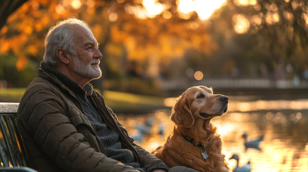 Elderly Man Enjoys Tranquil Afternoon by the Water With His Golden Retriever as Autumn Leaves Create a Warm Atmosphere at Sunset in a Peaceful Park Setting. Generative AIの素材