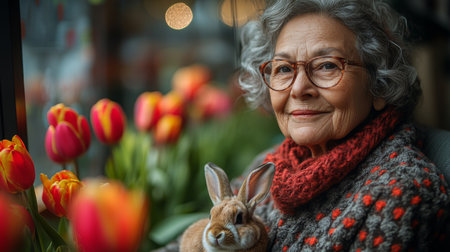 Older Woman With Glasses and Curly Gray Hair Holds a Rabbit While Surrounded by Vibrant Tulips in a Cozy Setting. Generative AIの素材