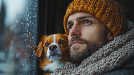 Man and Dog Looking out of a Window on a Rainy Day in a Cozy Atmosphere During Winter. Generative AIの素材