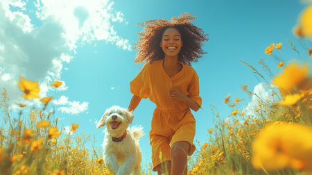 Joyful Woman Running With Dog Through Vibrant Flowers on a Sunny Day in an Open Field. Generative AIの素材