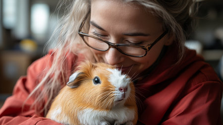 Warm Moment Shared Between a Person and a Guinea Pig in a Cozy Indoor Setting During Daytime. Generative AIの素材