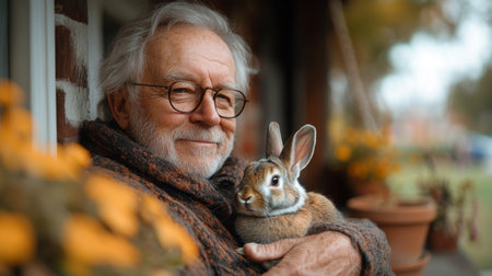Elderly Man Enjoys a Serene Afternoon With a Rabbit on His Lap Amidst Blooming Orange Flowers. Generative AIの素材