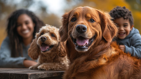 Golden Retriever and Poodle Share Joyful Moments With Smiling Child and Adult in Autumn Park Setting During Afternoon. Generative AIの素材
