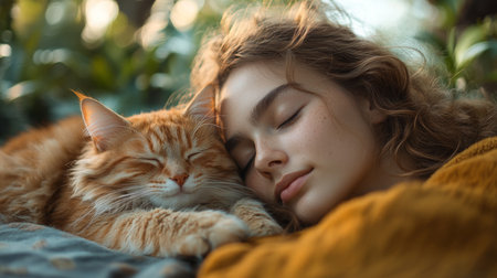 Young Woman Rests Peacefully With a Fluffy Orange Cat Among Lush Greenery During a Sunny Afternoon in a Serene Outdoor Setting. Generative AIの素材