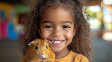 Child With Curly Hair Happily Holding a Guinea Pig in a Colorful Indoor Space During Daytime. Generative AIの素材