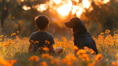 Child and Dog Sit Together Admiring Sunset in a Field of Vibrant Orange Flowers on a Warm Evening. Generative AIの素材