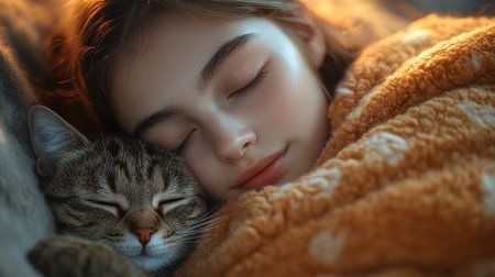 Cozy Moment Shared Between a Girl and Her Cat Snuggled Together Under a Warm Blanket in Soft, Glowing Light During a Peaceful Afternoon. Generative AIの素材