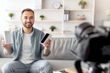 Millennial male influencer shooting video review of modern smartphone, using dslr camera at homeの写真素材
