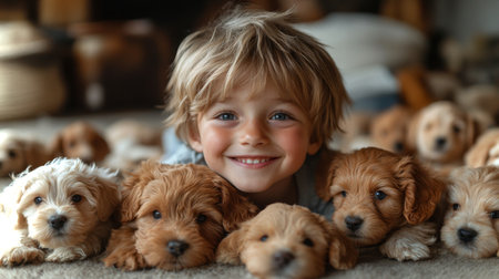 A Joyful Child is Playfully Engaged With a Group of Lively Puppies at Home During a Bright, Sunny Day. Generative AIの素材
