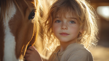 Young Child Affectionately Interacts With a Horse in a Sunlit Stable Setting During Early Morning Hours. Generative AIの素材