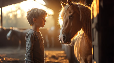 Young Boy Interacts With Horse in Barn During Golden Hour, Capturing a Moment of Connection and Tranquility. Generative AIの素材