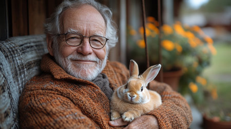 Elderly Man Smiles While Holding a Brown Rabbit in a Cozy Setting Surrounded by Flowers During Daytime. Generative AIの素材