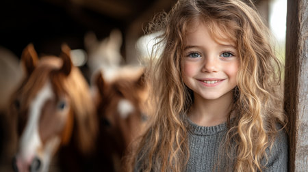 Young Girl With Long Curly Hair Smiling in a Barn Surrounded by Horses During Daylight Hours. Generative AIの素材