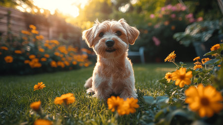 A Cheerful Dog Blissfully Relishes a Sunny Afternoon Surrounded by a Gorgeous Garden Bursting With Vibrant Orange Flowers. Created With Generative AIの素材