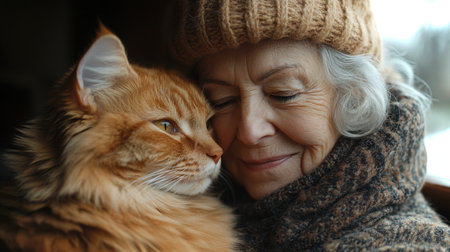 Warm Embrace Between a Woman and Her Ginger Cat on a Cozy Winter Day Indoors in a Rustic Setting. Generative AIの素材