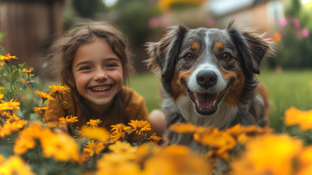 Happy Child Playing With a Cheerful Dog in a Vibrant Flower Garden During a Sunny Day. Generative AIの素材