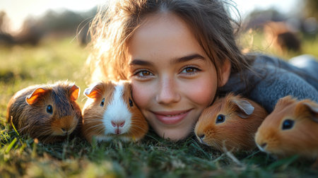 Child Enjoying Time With Adorable Guinea Pigs in a Sunny Field Surrounded by Grass and Nature. Generative AIの素材