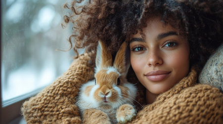 Experience the Comforting Warmth of Snuggling With a Fluffy Rabbit on a Chilly Winter Afternoon in a Snug Indoor Atmosphere. Generative AIの素材