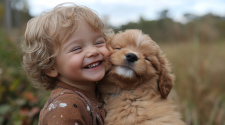 Child Joyfully Embraces Fluffy Puppy Outdoors in a Beautiful Natural Setting Under Cloudy Skies During Autumn. Generative AIの素材