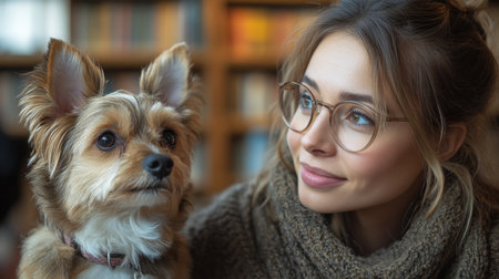 Woman With Glasses Enjoys a Calm Moment With Her Small Dog in a Cozy Indoor Space Surrounded by Books. Generative AIの素材