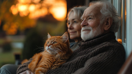 Elderly Couple Enjoying a Peaceful Sunset Together on a Porch While Holding Their Orange Cat in Their Lap. Generative AIの素材