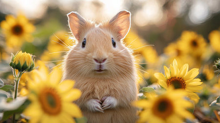 A Delightful Bunny Nestled Among Vibrant Sunflowers on a Sunny Day, Creating a Picturesque Scene in a Lively Garden. Generative AIの素材