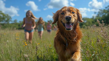 Golden Retriever Enjoys a Sunny Day Running Through a Meadow While Several Girls Play and Laugh in the Background on a Bright Summer Afternoon. Generative AIの素材